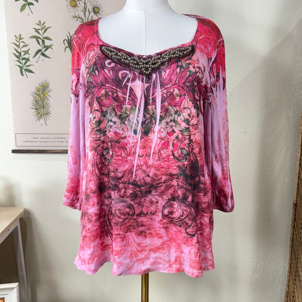 Y2k Beaded 3/4 Sleeve Graphic Top Fairy Grunge Coastal Cowgirl Hippie Boho XL